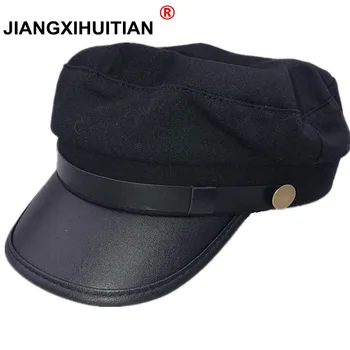 2018, продажба, мода вълнена шапка-се грижи за жени, за мъже, тъмно синя шапка с кожена козирка, улични пътни шапки, дамски топли зимни шапки