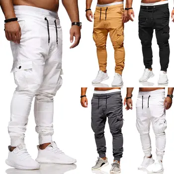 2021 мъжки панталони, спортни панталони с много джобове мъжки еластични спортни панталони-карго дантела за бягане градинска спортно облекло за мъже
