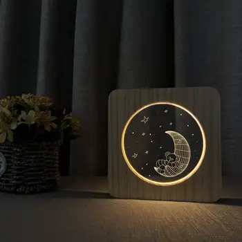 3D Led Мечка и Луна Акрил Дървени USB Нощна Лампа Настолна Лампа Резба Лампа за Детска Стая Украса
