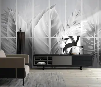 beibehang Потребителски тапети Скандинавските черно-бели, сиви листа от тропически растения телевизор, разтегателен фон рисувани стенни 3d тапети