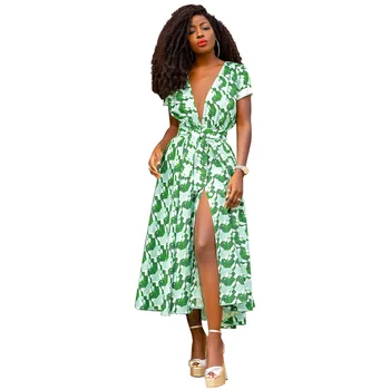 Африкански Дълги Рокли Дамски Секси Дълбоко V Зелен Принт Ежедневното Елегантна Африкански Рокля Midi Vestidos Femme Халат Дашики Дрехи Лято