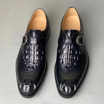 Бизнес мъжки модел обувки са ръчно изработени от естествена Крокодилска кожа, ръчно изработени в бизнес стил, мъжки обувки от естествена Екзотична Кожа на алигатор с тока и Каишка