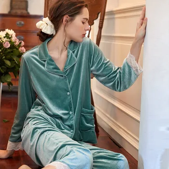 Есен 2021, Нови кадифени панталони с дълъг ръкав, дамски пижамные костюми, прости стилни дълги пижами, дамски домашни дрехи