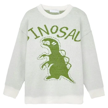 Есента и зимата карикатура динозавър жаккардовый мързелив стил свободен пуловер с дълъг ръкав, пуловер