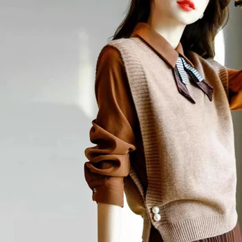 Жена пуловер, жилетка, Обикновен, Прост и универсален, есенно-зимния Вязаный сако без ръкави за момичета, корейската Мода, Ядрото