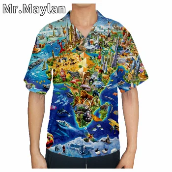 Забавна Карта на света Животни 3D Плажната Хавайски Лятна Риза Риза с Къс Ръкав Градинска Облекло Оверсайз 5XL Camisa Социална Ризата Homme-3