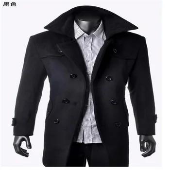 Зимно мъжко дълго палто, вълнена корейската мода двубортный класически вълнен тънък сгъсти сако копчета палто