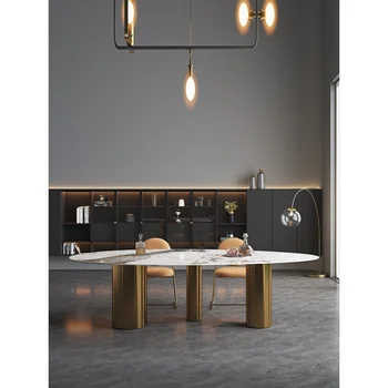 Италианска луксозна маса за хранене, малък апартамент, светли каменна плоча, модерен скандинавски лесен домакински правоъгълна мраморна маса с овална форма