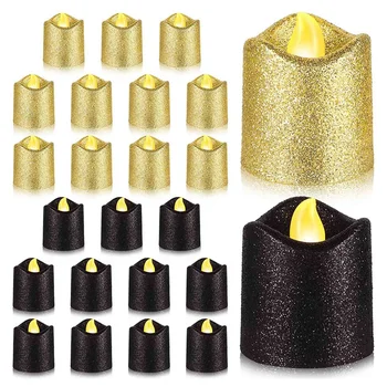 Качество на 24 Опаковки Златни Беспламенных Обетных Свещи Черни Блестящи led Супени Лампи С Батерии Супени Лампа Топла Жълта Лампа на Притежателя