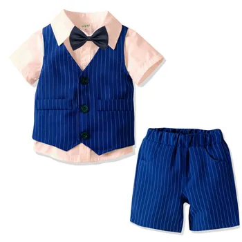 Летни детски дрехи за малки момчета, костюм на джентълмен, Комплекти, дрехи, тениска + жилетка + панталони + папийонка, 4 предмета