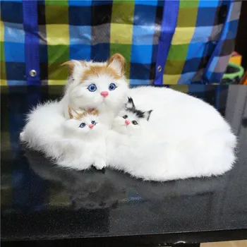 моделиране сладък котка 32x16 см модел полиетилен и кожа на майка си и две малки котки модел за декорация на дома подпори, модел подарък d618