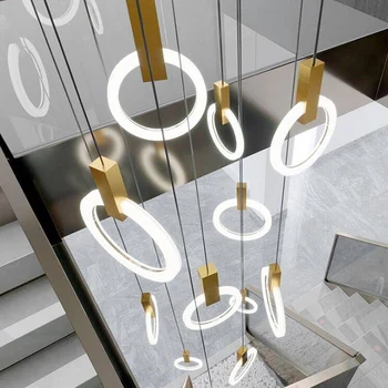 Модерна led стълбищна полилей осветление Скандинавски хол таван, висящи лампи спалня акрилни пръстени тела Дървени висящи лампи