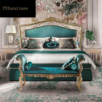 модерна европейска италианска легло от масивно дърво от естествена кожа Модни Резбовани луксозна френска мебели за спалня king size jxj81