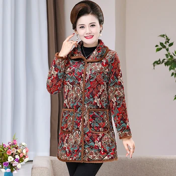 Модно дамско памучно палто, есенно-зимни однобортные палто Плюс кадифе яке със средна дължина, с принтом, Върхове