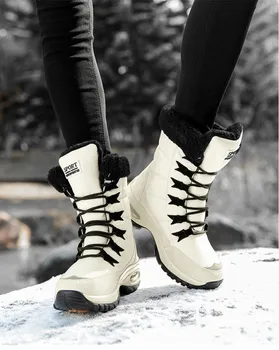 Нови зимни дамски обувки с Високо качество, запазването на топлина в Зимните ботуши до средата на прасците, женски удобни дамски обувки дантела, Chaussures Femme