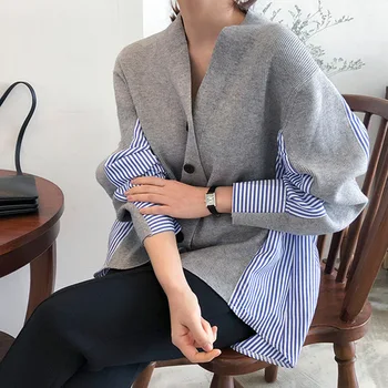Прост изработена шарени свободен пуловер с дълъг ръкав, женски 2019, новостите на пролетта и есента, върхове с две ризи