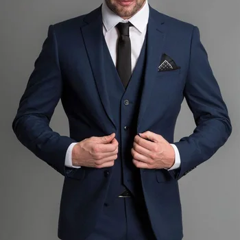 Тъмно сини Официални Мъжки костюми Slim fit за Сватба, 3 предмет, Печени на Ревера, по Поръчка, Бизнес Костюм на Младоженеца (Яке + Панталон + Елек)