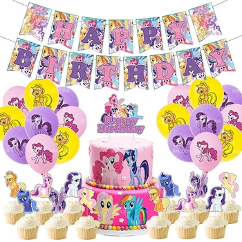 Украса честит Рожден Ден на Събитието Набор от Картун Пони Тема Cupcake Избира Латексови балони Висящ Банер Торта Топперы 1 компл./лот