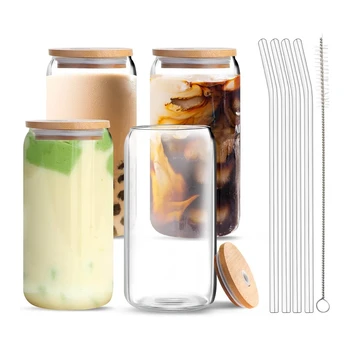 Чаша за бира консерви с бамбукови капаци и стъклени соломинками, 4 чаши по 16 грама в опаковка с капаци и соломинками, стъклени чашки във формата на банките