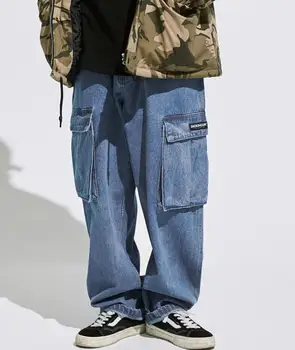 Широки Дънки за Мъже Хип-хоп Свободни Преки Дънкови Панталони с много джобове Улични Широки Панталони Мъжки Дрехи Мъжки Бански Плюс Размер
