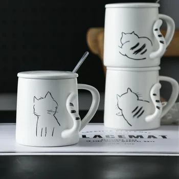 Японската керамична чаша с кошачьим опашка, креативна чаша mark, мультяшная чаша за вода, сладка кафеена чаша с капак, за да звучи в същия стил