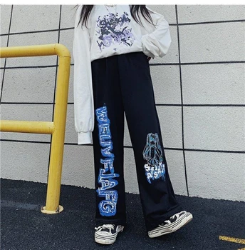 Японски Дамски Модни Широки Панталони С Принтом аниме, Тъмни Готически Спортни Панталони В стил хип-хоп, Трендови Улични Ежедневни прави Панталони С Графити
